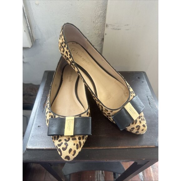 Kate Spade NY Fontanna Too Leopard Print Ballet Flats 7.5 M Fur Black Bow - Picture 1 of 14